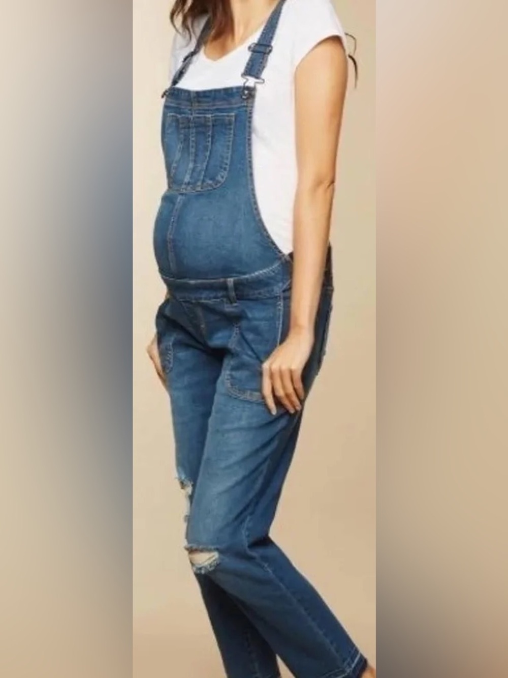 Indigo Blue maternity distressed denim overalls